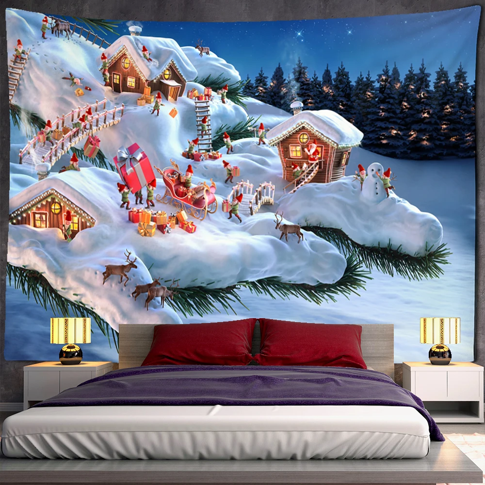 

Cartoon Christmas Snow Scene Tapestry Wall Hanging Snowman Gift Socks New Year Cute Background Cloth for Home Decoration Holiday
