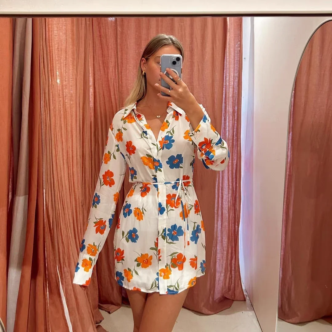 

Women's colorful floral printed shirt dress