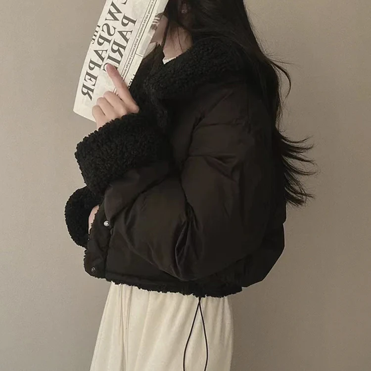 Stand Collar Drawstring Parkas Thicked Outerwears Lambswool Ropa Mujer 2025 Woman Casaco Autumn Winter Single Breasted Jacket