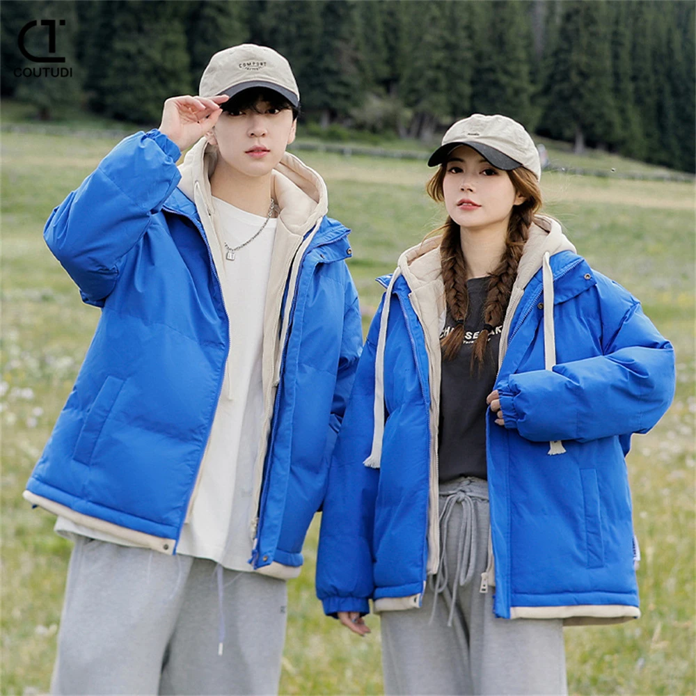 Couples Jacket for Men and Women, Warm Loose Cotton Coat, American-style Outwear, Fake Two Pieces, Bread Coat, Winter Parkas