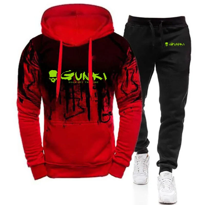 2024 Spring Autumn Gunki Logo Print Fashion Gradient Color Sports Set Men's Comfortable Hoodies Tracksuit+Casual Sweatpants Suit 4