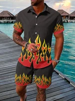 Men's Hawaiian Short Sleeve Shirt And Beach Shorts Set 3D Flame Print Beach Vacation Men Casual Shirt Summer Daily Sports Shorts 1