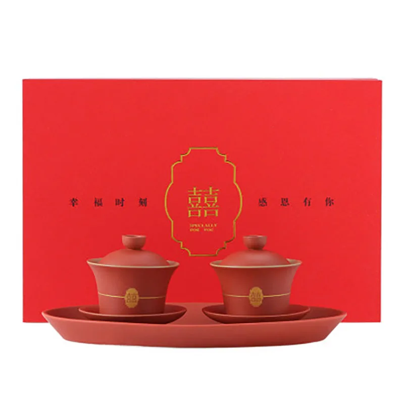 Gaiwan Porcelain Ceramics Teacups Cups, Chinese Double Happiness Cover Bowl, Saucer for Red Wedding Party, Ceremony Gifts