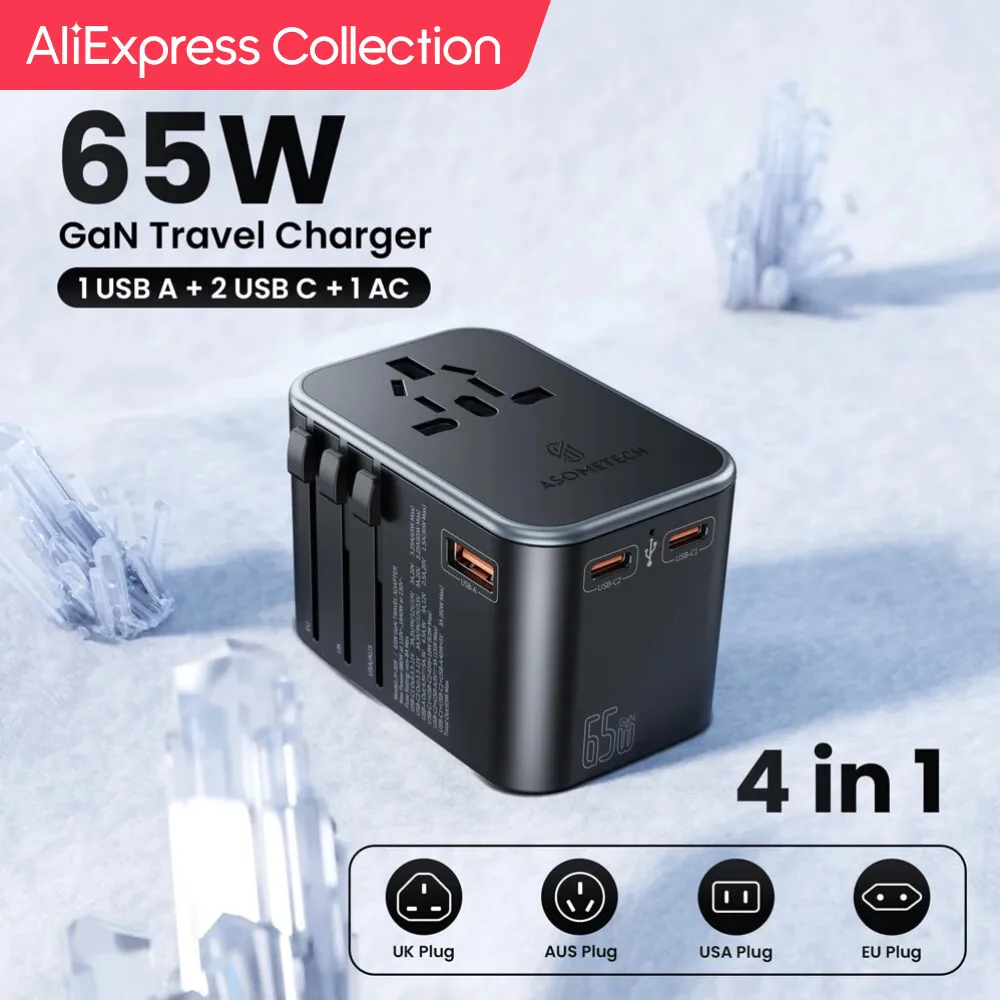AliExpress 컬렉션 ASOMETECH 65W GaN 충전기 여행용 어댑터, PD PPS C타입 고속 충전기, EU, AU, 미국, 영국, EU, 멀티 플러그 여행