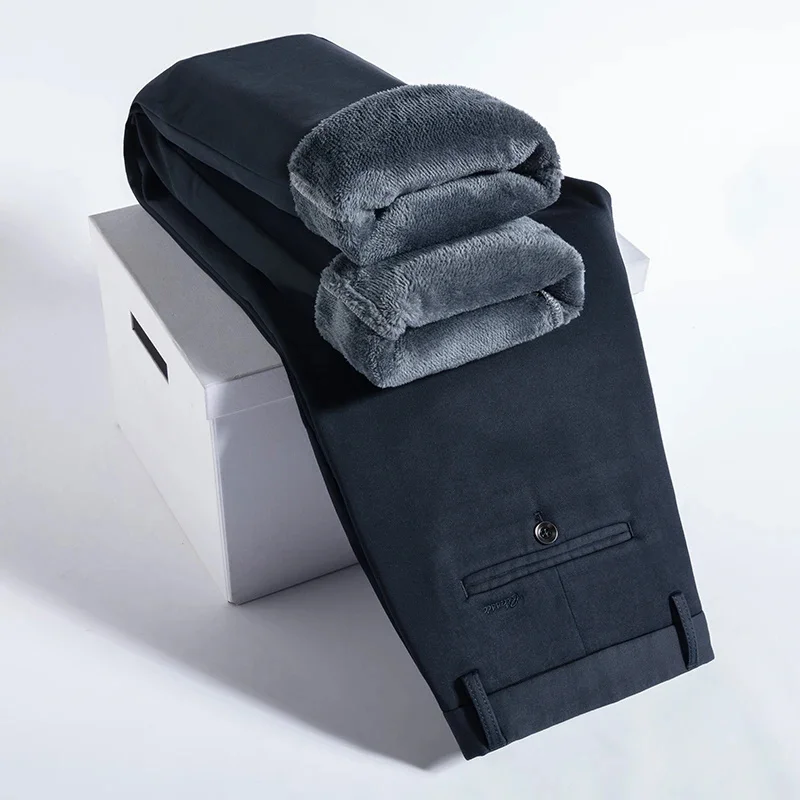 thumbnail image 1 of Pantalones casuales de lana de invierno para hombre, pantalones elásticos de lyocell rectos clásicos y cálidos y gruesos para negocios, ropa de marca, negro y azul, 1 of 4