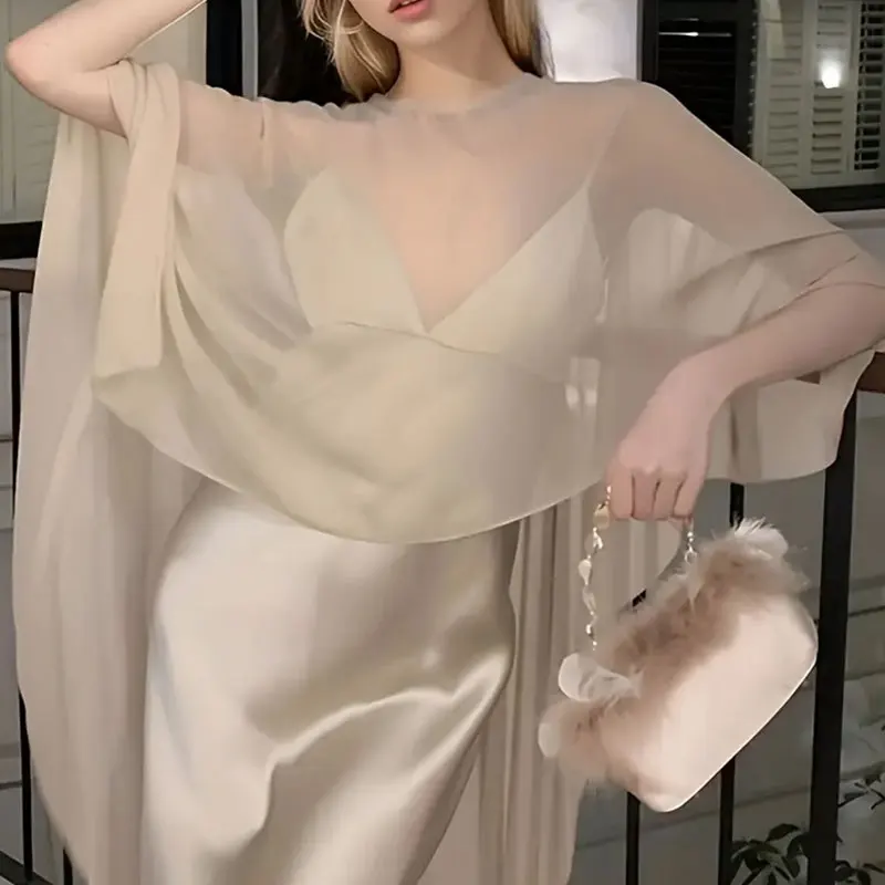 New Summer Poncho Tops For Women Asymmetric Tulle Cape Coat Elegant Lady  Chiffon Long Shawl Wraps Evening Wedding Cover Up - AliExpress 200000345