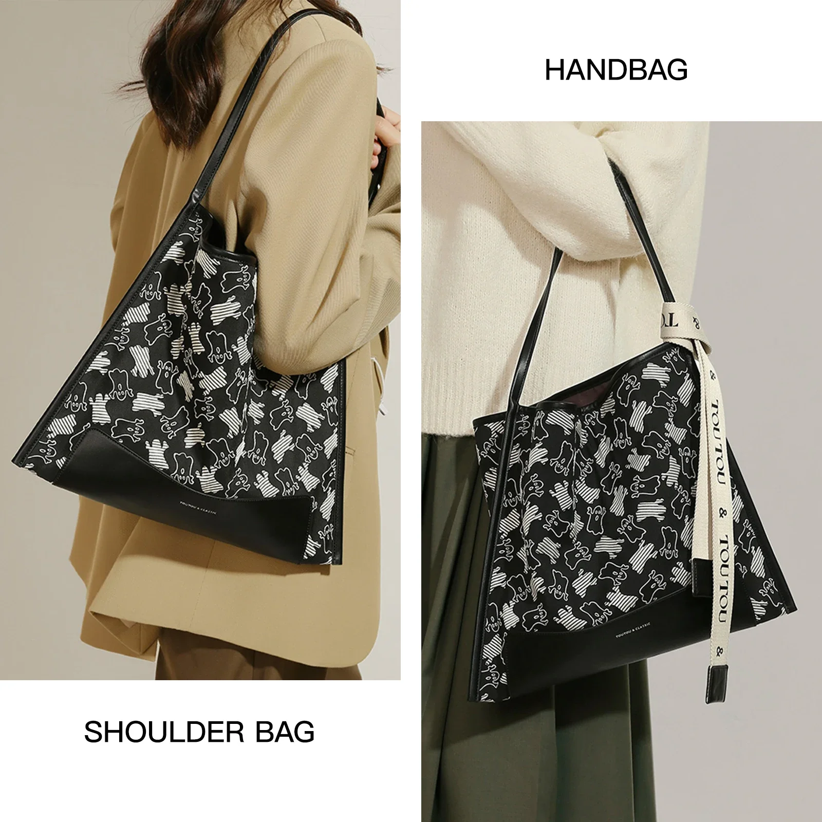 

TOUTOU Hobo Bag for Women's with Elf Print Large Capacity for 13" Laptop Foldable Shoulder Bag with Brand Woven Strap