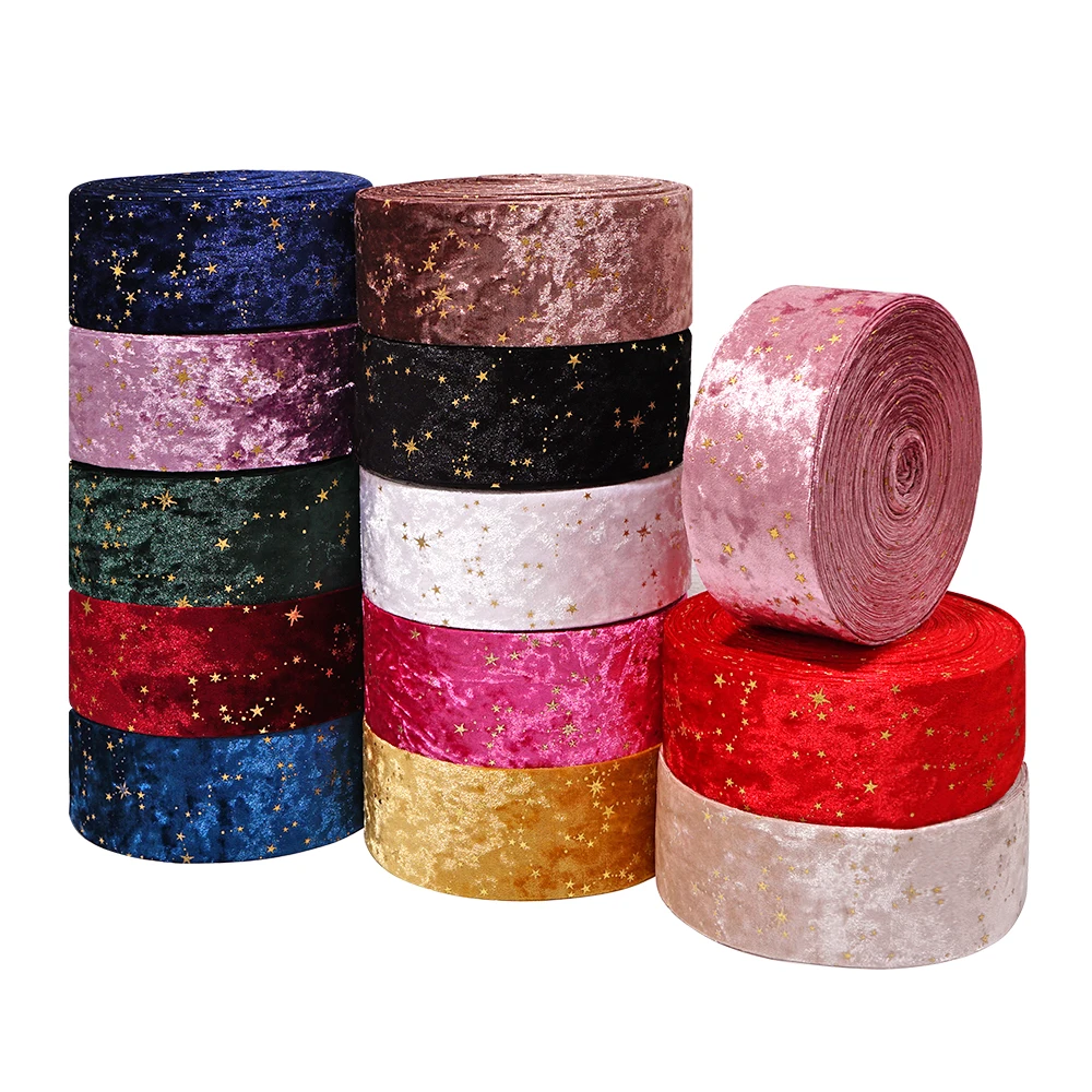 Double-sided Velvet Ribbons Hot Stamping Stars DIY Gift Wrapping Wedding Bouquet Christmas Decor Party Supplies A0021
