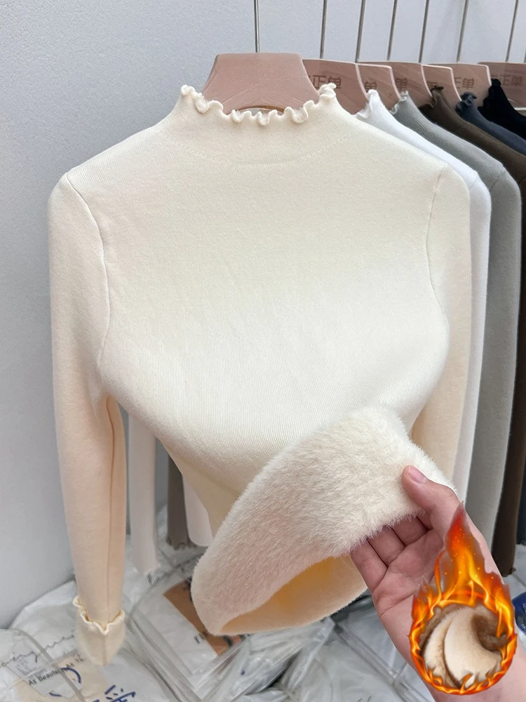 جديد صوف مبطن سميكة الياقة المدورة البلوزات النسائية الخريف الشتاء ضئيلة الدافئة Ruched محبوك القمم بلون عادية لينة البلوز 4