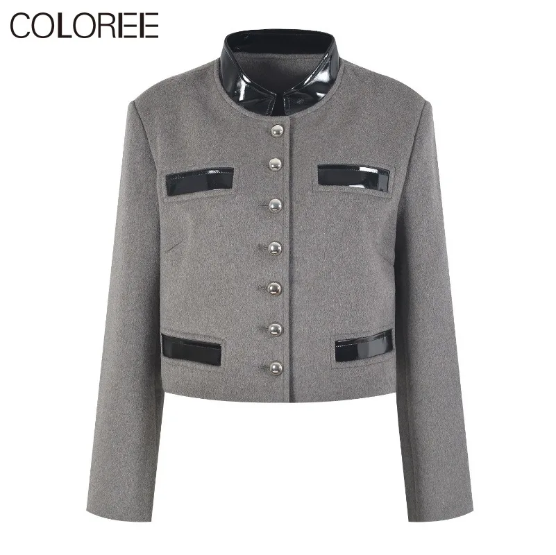 

Tweed Jacket for Women Luxury Designer Vintage Elegant Leather Patchwork Short Abrigo Mujer Invierno 2023 Korean Wool Coats