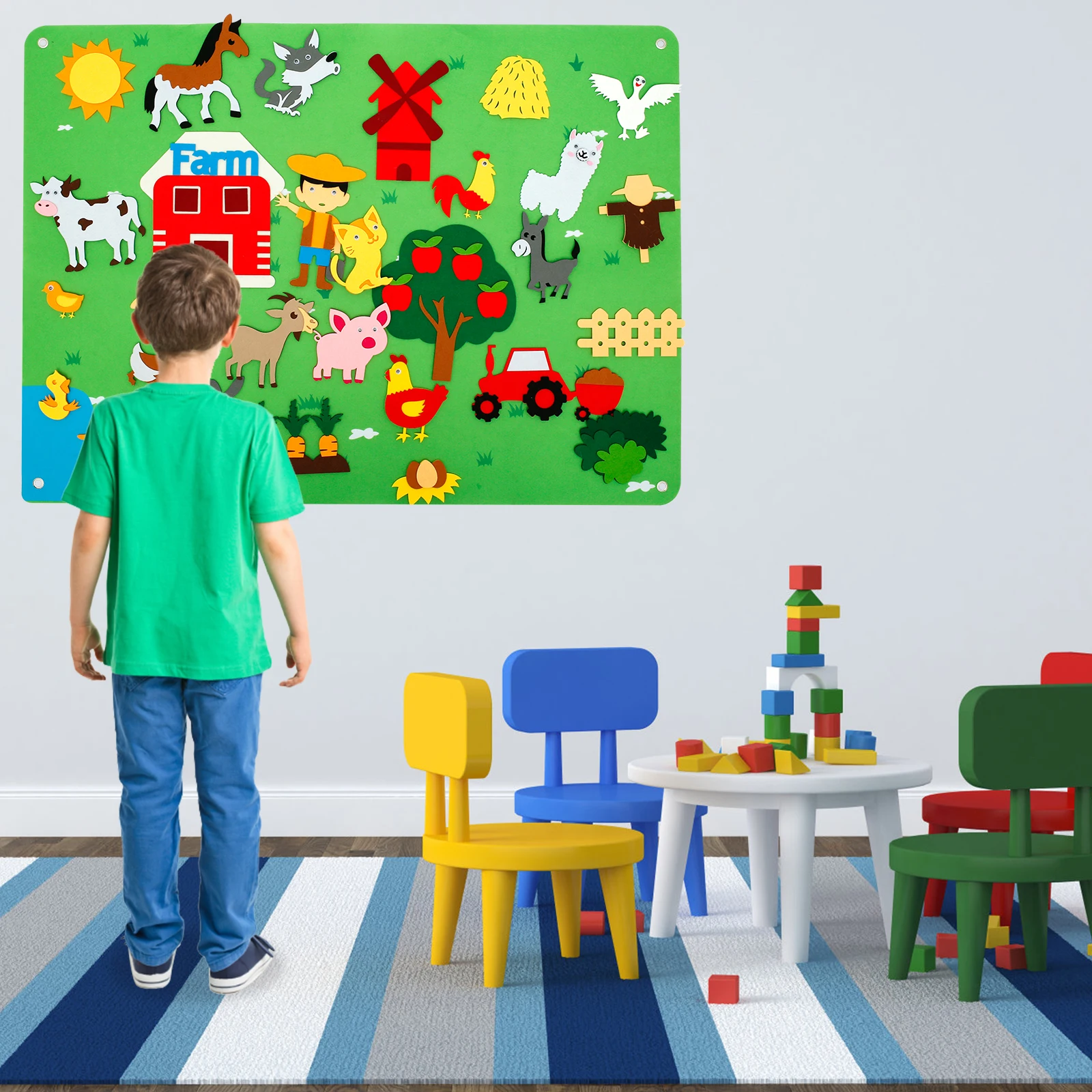 3.5Ft Children's Teaching Felt Board Farm Animals Felt-Board Story Set Early Learning Interactive Play Set Zoo Flannel Board