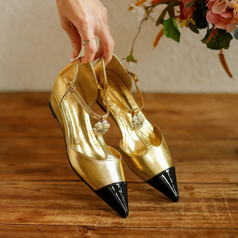 

2024 new summer women sandals natural Leather shoes 22-24.5cm patent leather/sheepskin pointed toe t-Buckle ankle-strap shoes