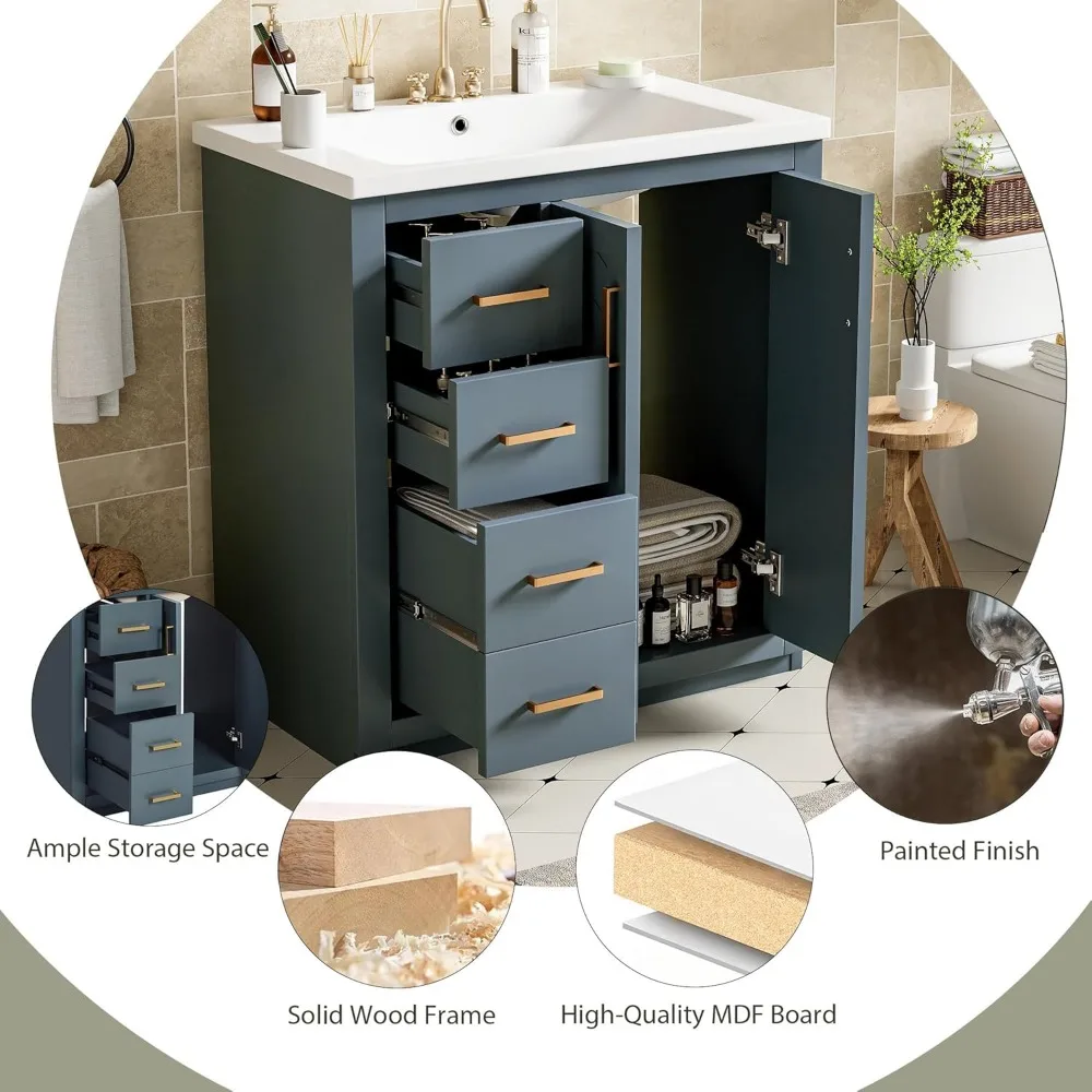 Herringbone Single Sink Bathroom Vanity, 30" Modern Bathroom Vanity Storage Cabinet with 3 Drawers and 2 Doors, Solid Wood Frame 4