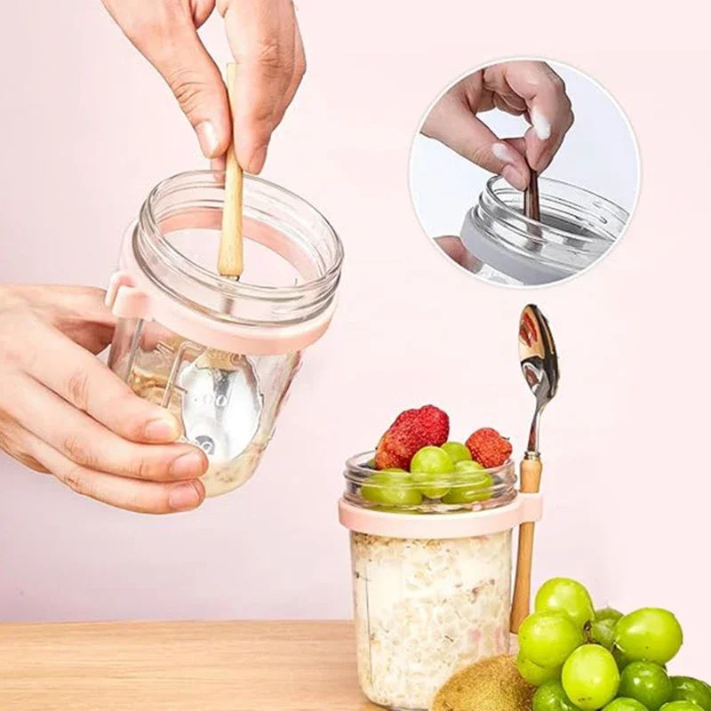 Portable Cereal Breakfast Cups Overnight Oat Glass Cup with Fork Milk Fruit Salad Kitchen Item Food Storage Jars Water Bottle