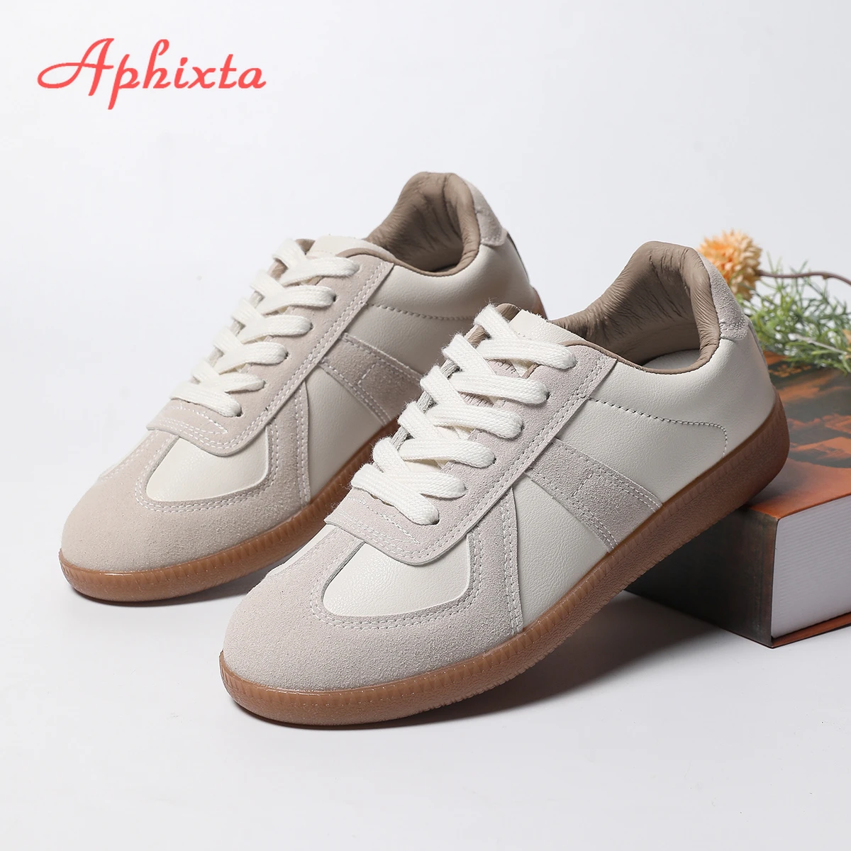 Aphixta 2025 Classic Woman Casual Shoes Beige Lace Up White Shoes Light Weight School Student Shoes Big Size 44 Sport Footwear