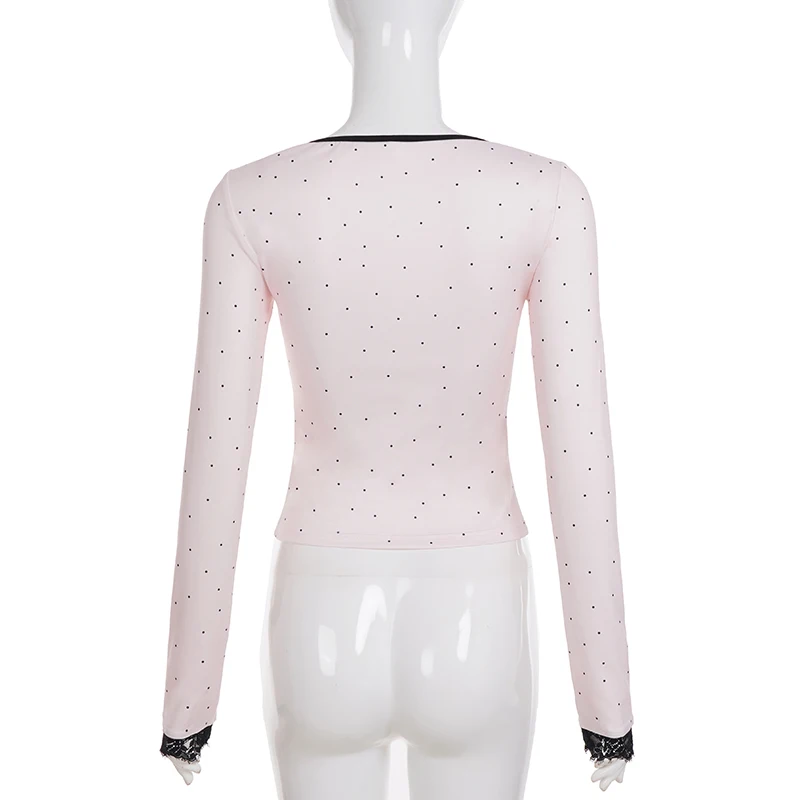SUCHCUTE Sweet Polka Dot V-Neck Lace Patchwork Top Women Spring Long-sleeve Tees Korean Casual Tops All match coquette outfits 6