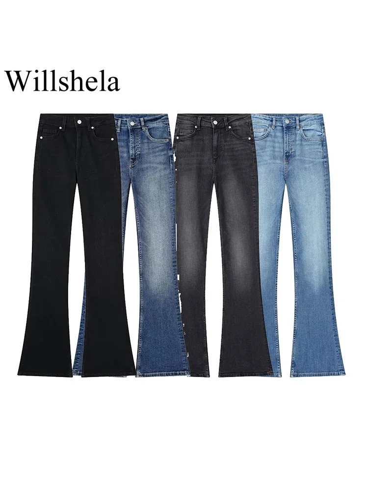 

Willshela Women Fashion Denim Solid Front Zipper Flare Pants Jeans Vintage High Waist Full Length Female Chic Lady Trousers