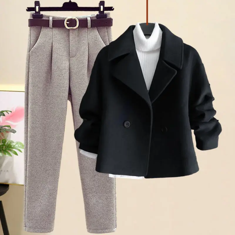 Korean Women's Winter Casual Wool Blends Coats Sweater Pencil Pants 3 Piece Set Lady Simple Joker Short Jacket Trousers Outfits