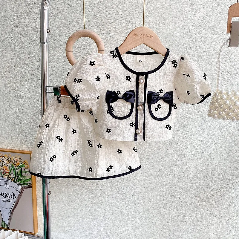 

Girls Clothing Set 2023 New Korean Style Summer Short Sleeve Shirt Top & Floral Skirt 2PCS Children Outfits Kids Clothes Sets