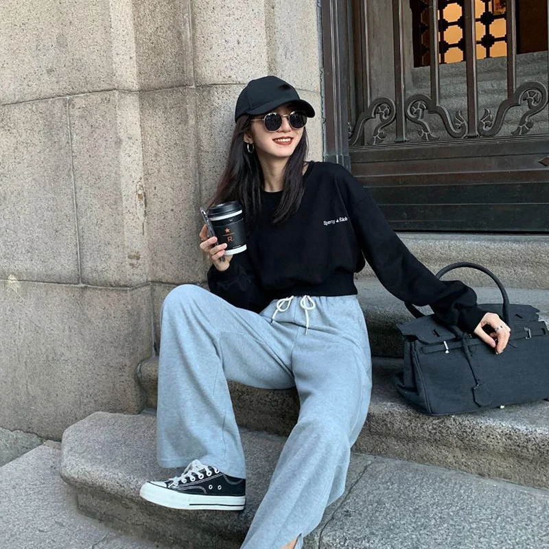 2023 Fall Korean Sweatshirt Long Sleeve Women Crop Tops High