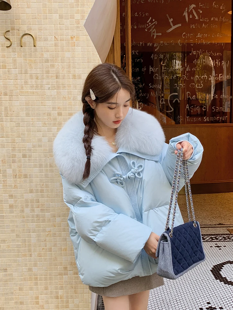 

2023New Fashion Winter Women Jacket Real Fox Fur Collar Thick Warm Natural 90% Goose Down Coat Outerwear Streetwear Chinese Knot