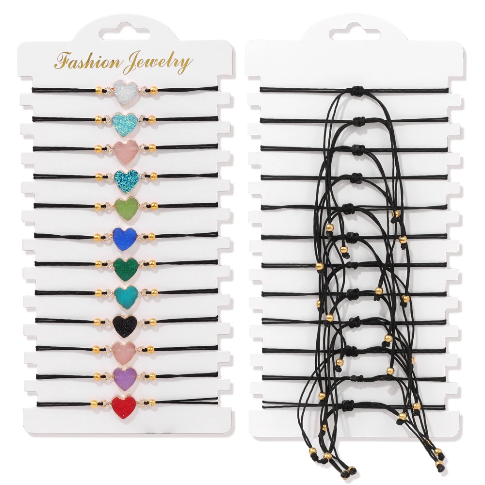 Colorful Natural Stone Adjustable Rope Bracelets - Handmade Bohemian Set with Cards (12 Pieces)