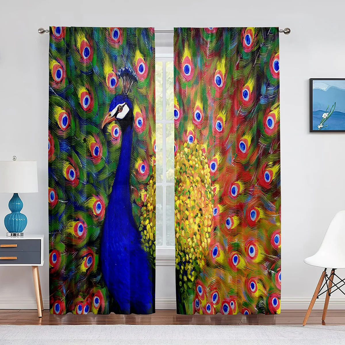 

Color Peacock Oil Painting Sheer Voile Curtains for Living Room Bedroom Kitchen Decor Modern Transparent Tulle Window Curtains