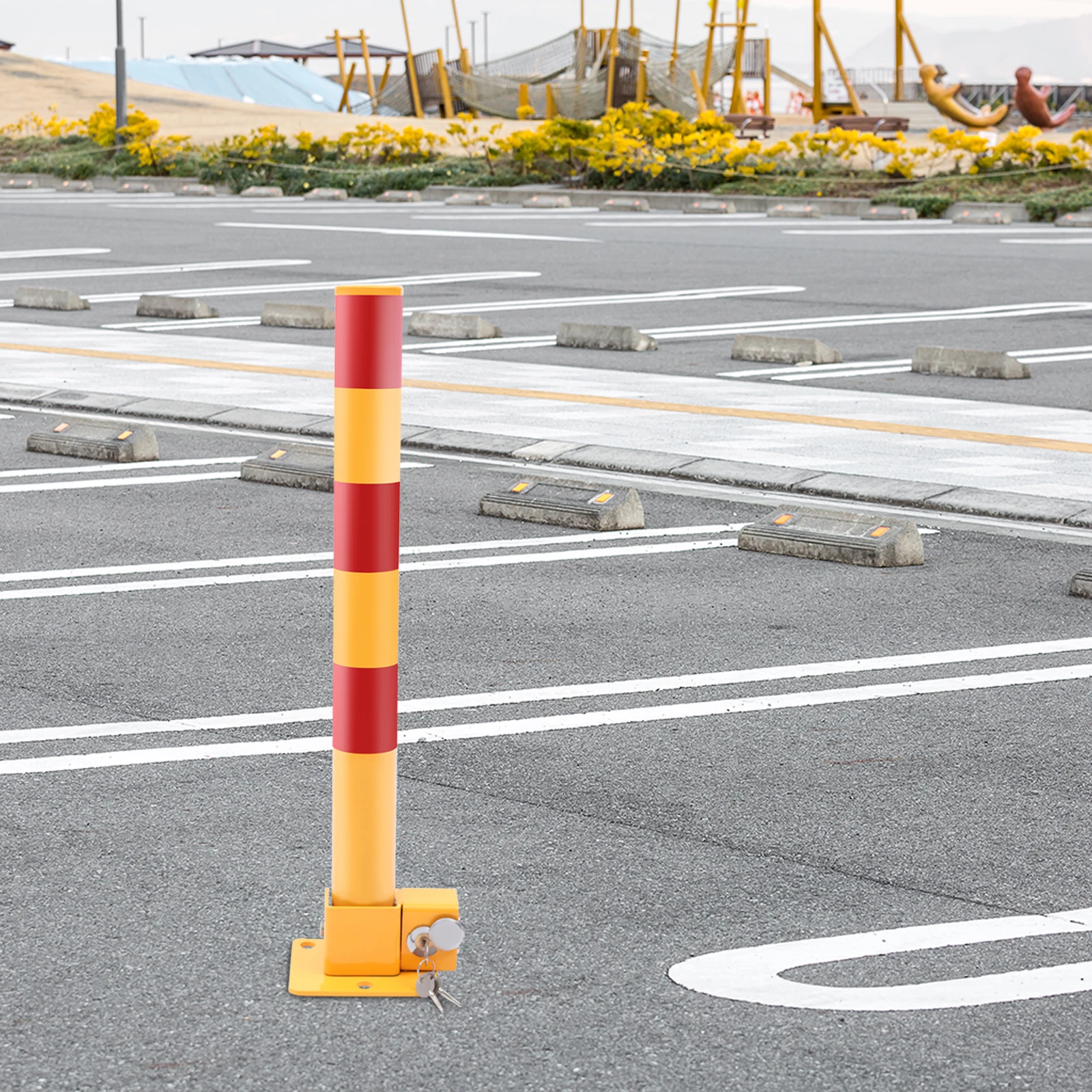 Heavy Duty Safety Bollard, Q195 Iron, Reflective Parking Post with Automatic Locking for Private Spaces