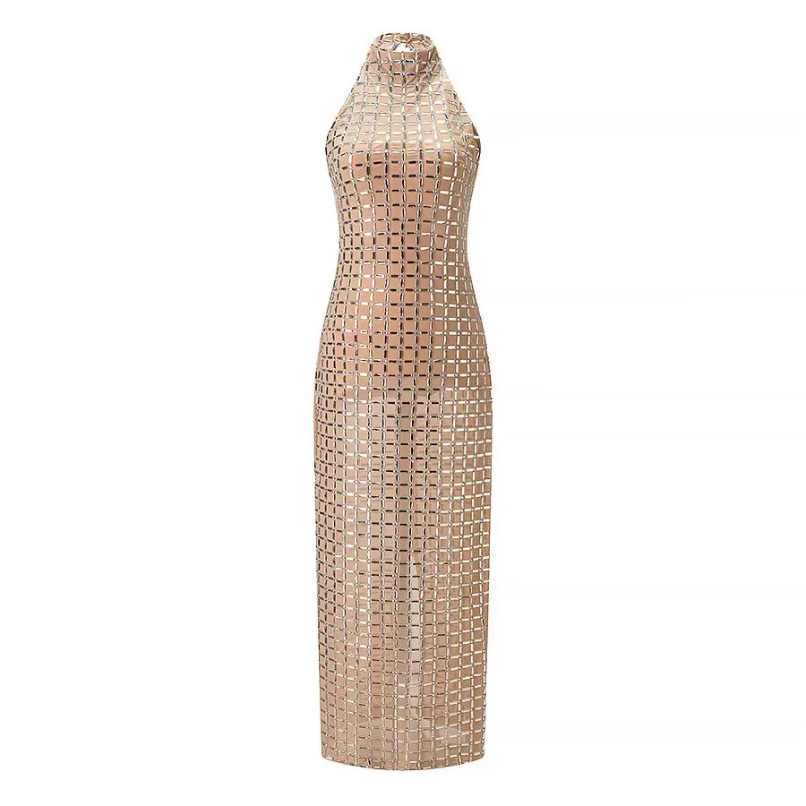 Halter Sequined Midi Dress Women Sexy Mesh Sleeveless Backless Waist Cinching Evening Party Dresses Chic Elegant Lady Robes