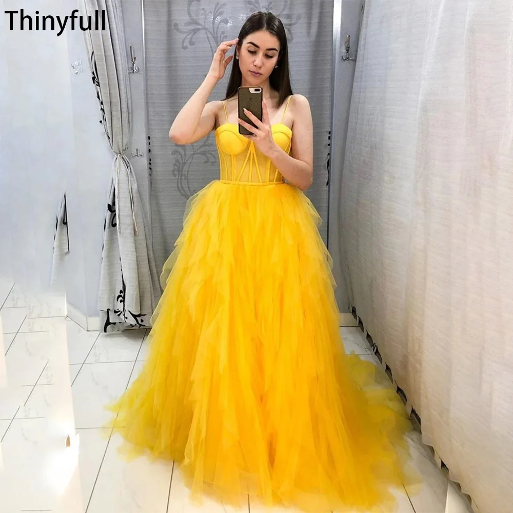 

Thinyfull Yellow A Line Prom Party Dresses Pleat Tulle Sweetheart Fairy Evening Party Gowns Bone Corset Long Graduation Gowns