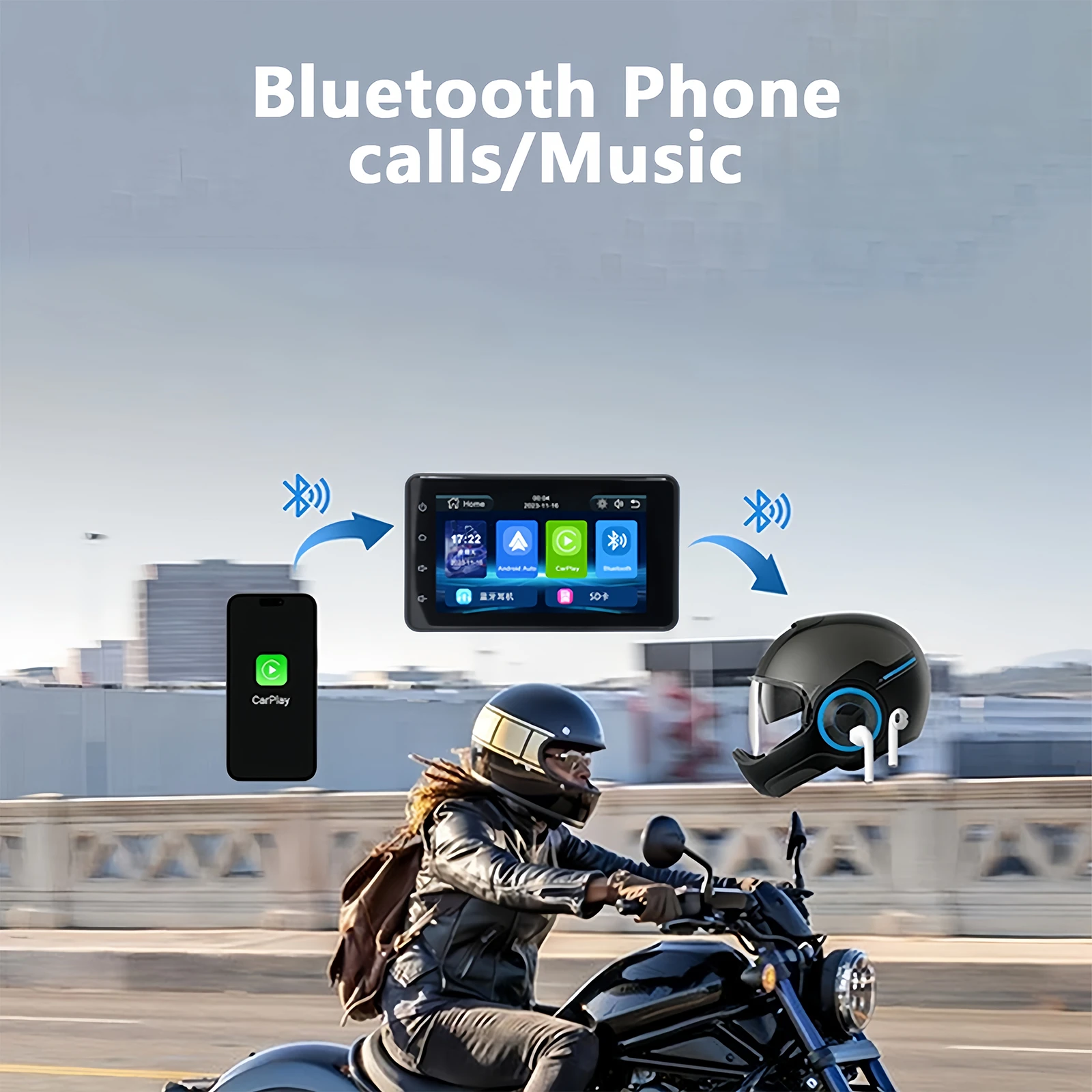 

5-дюймовый мотоциклетный смарт-экран CarPlay Android Auto 600 + nit внешний экран с двойным объективом IP67 водонепроницаемый