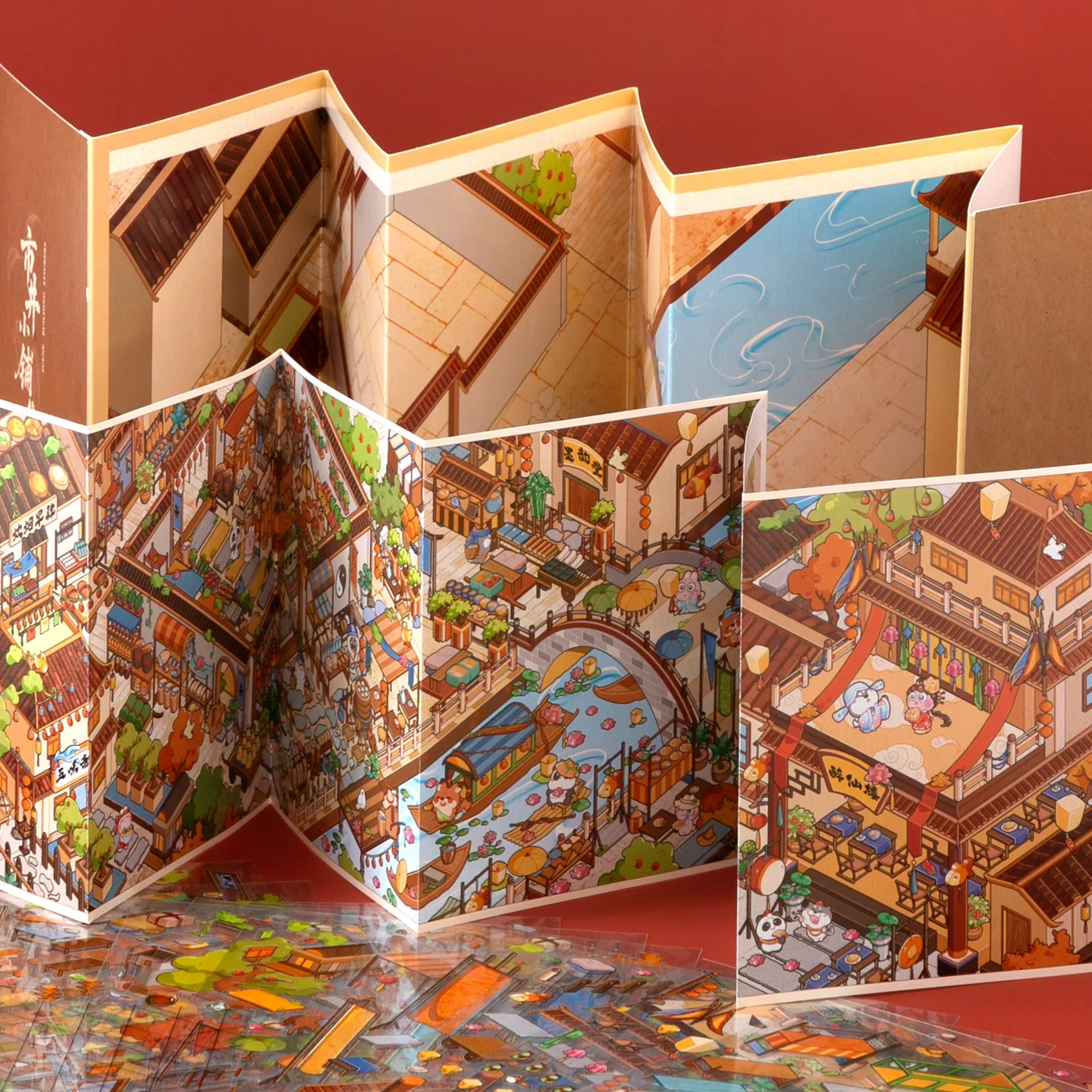 고대 스타일 풍경 긴 접이식 3D 풍경 스티커, 수제 작품, DIY 스크랩북에 사용