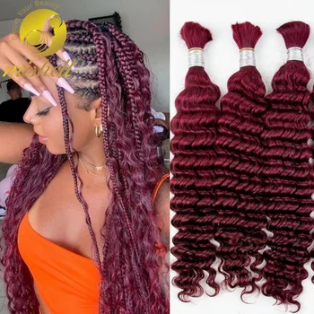 12A 99J# Burgundy Deep Wave Human Hair Bulk for Boho Braids Curly Human Hair No Weft for Braiding Virgin Hair for Extensions 1