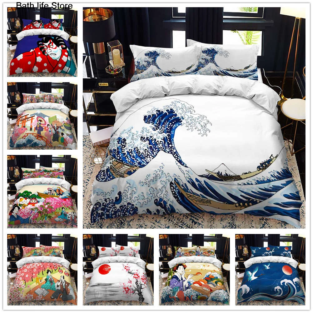Japanese ukiyo bed duvet cover set queen calico Twin size comforter bedding Single complete | Дом и сад