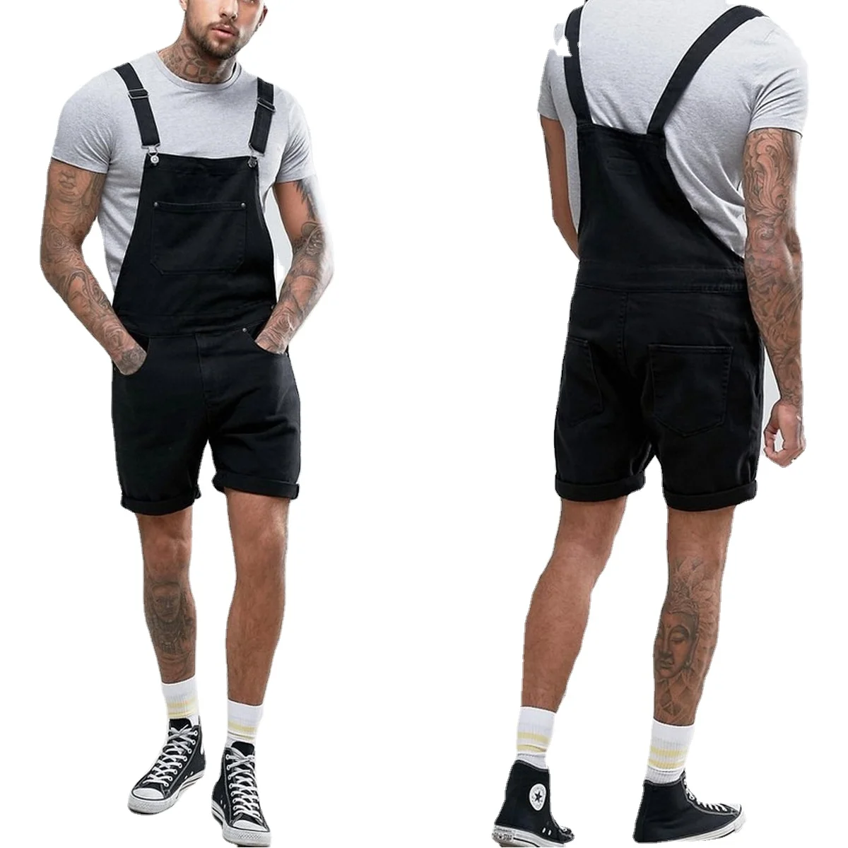 Vintage Men Jeans Denim Black Shorts One-piece Overalls Suspenders Streetwear Men Jumpsuit Pants
