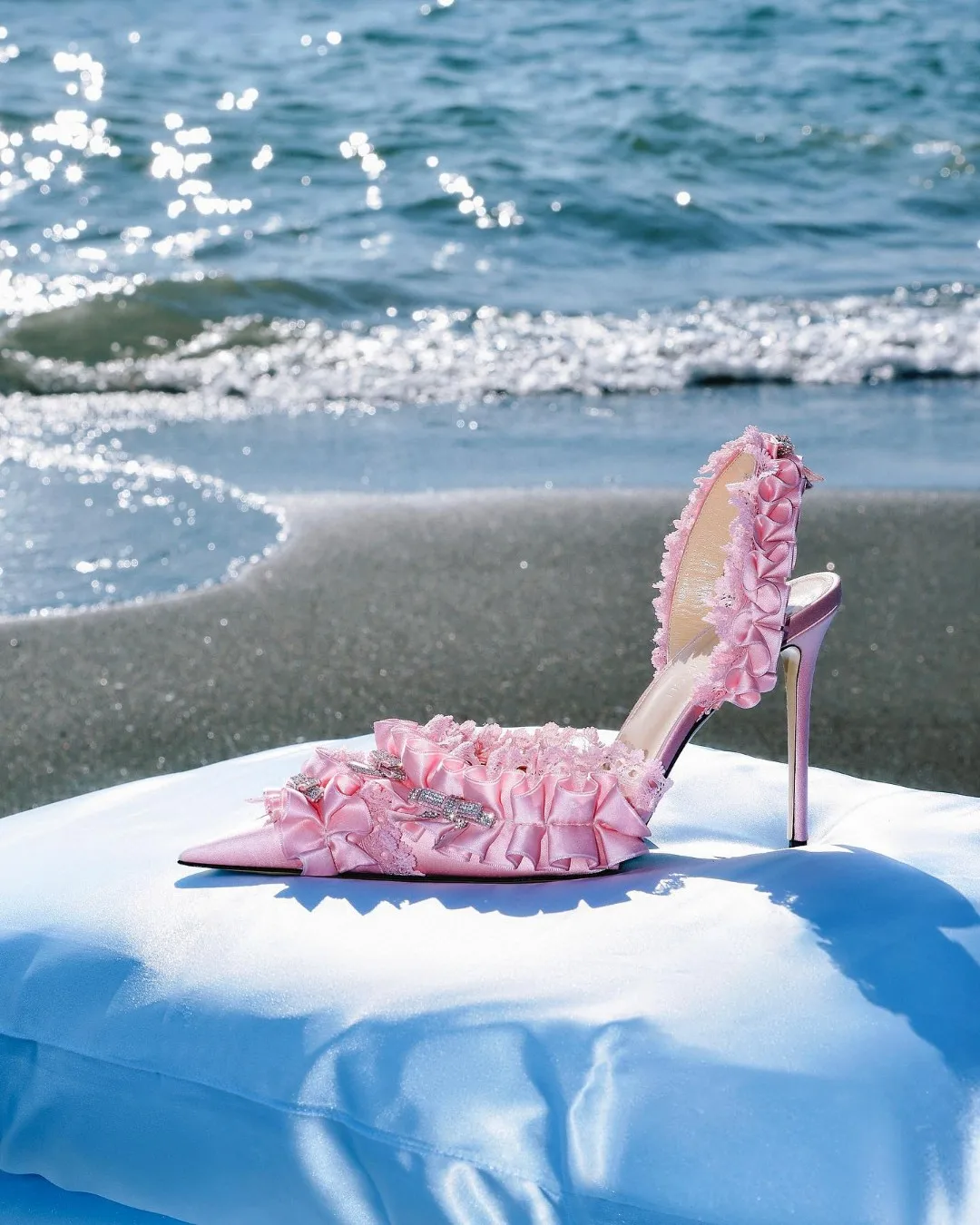

MACH Beauty Of Antoinette Ruffle Bow Ruffled satin Stretch leather slingback Pump Pointed toe Stiletto heel Wedding Silk Sandals