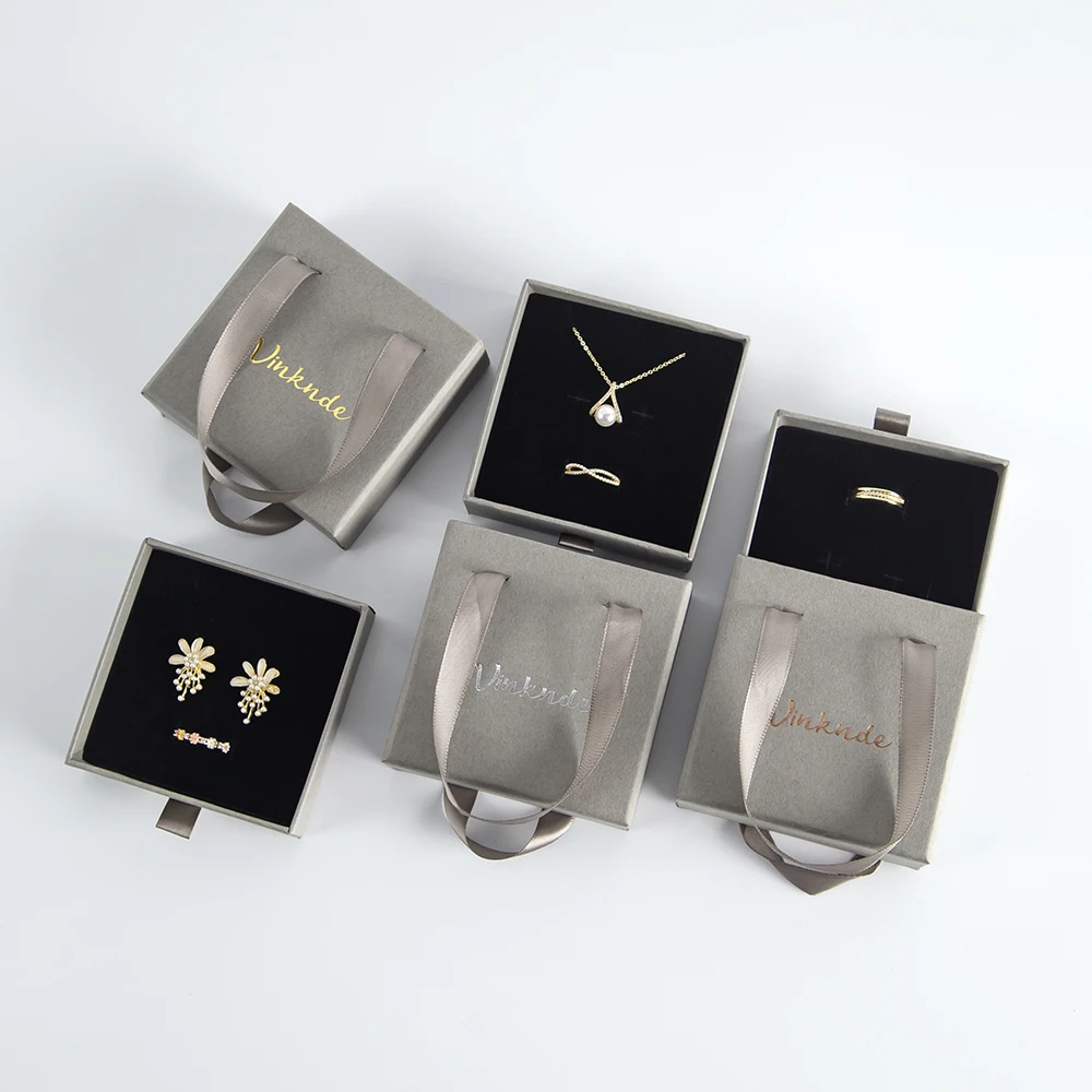 Custom Logo Grey Sliding Drawers Paper Luxury Jewelry Packaging Cute Paper Gift Box with Handle for Necklace Jewelry Storage [fila]logo men s drawers
