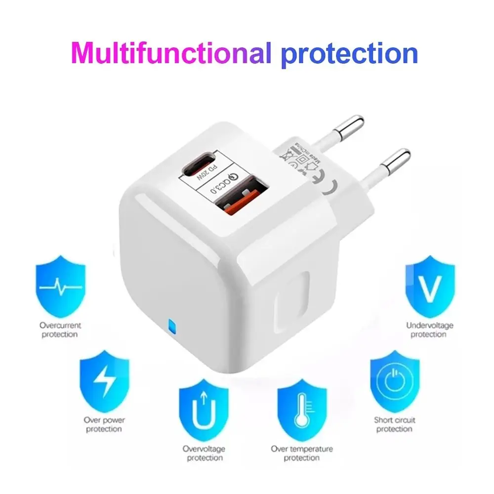 

2 Ports QC3.0 Type C Charger PD 20W Quick Charger USB-C Fast Charging Travel Wall Charger Power Adapter