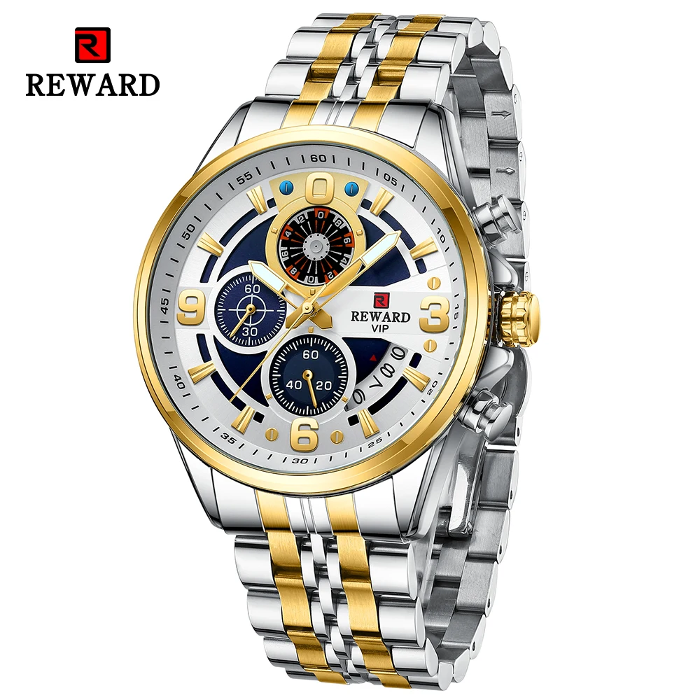 REWARD Design Quartz Wristwatch for Men Sport Waterproof Watches Stainless Steel Chronograph Luminous Wrist Watch