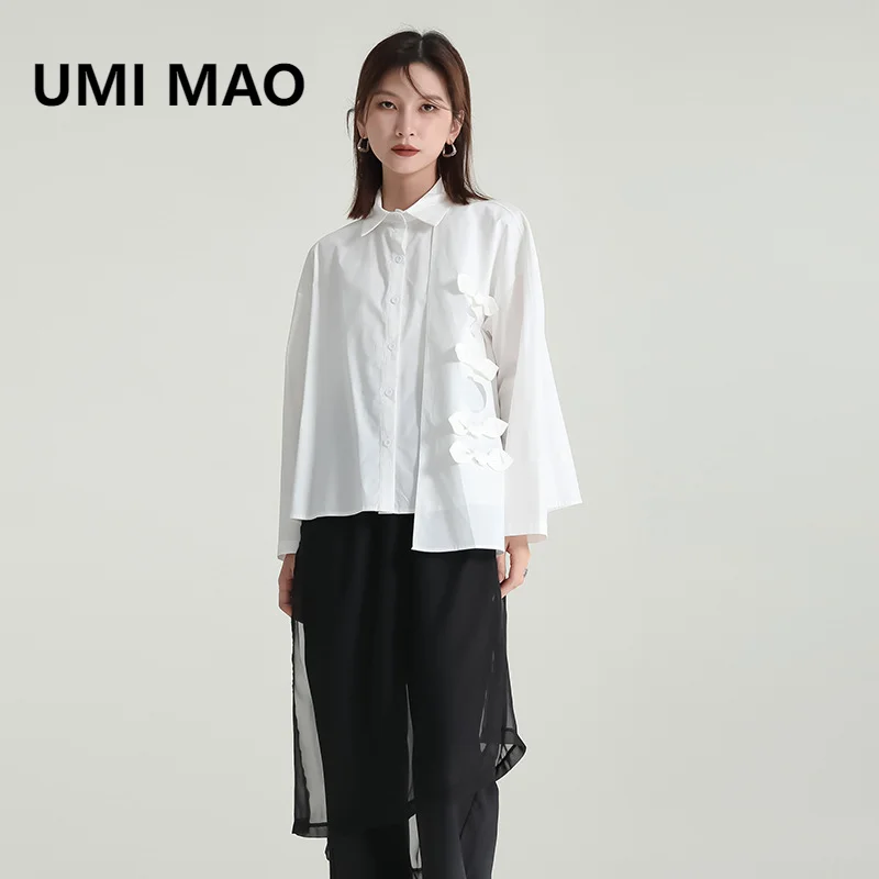 

UMI MAO Yamamoto Dark Top 2023 Autumn New Sweet Cool Small Bow Hollow Loose Style Irregular Designer Shirt Women Fashion Tops