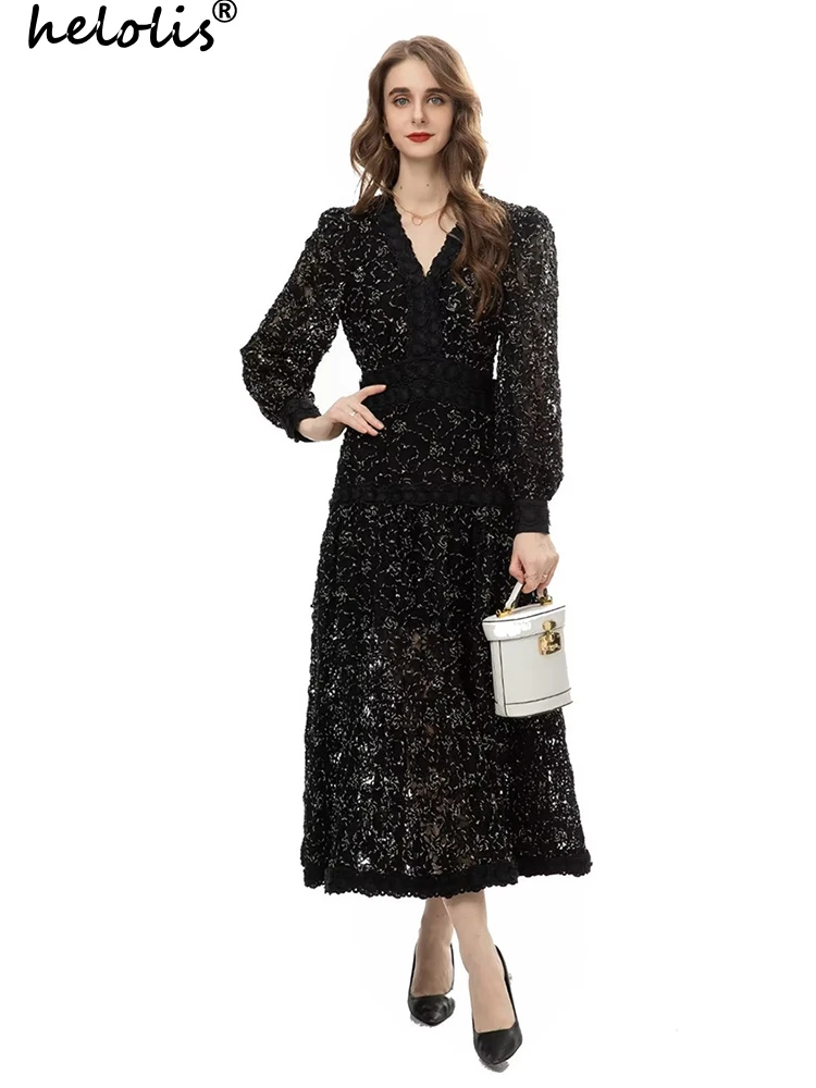 

Helolis Runway Fashion Embroidery Maxi Dress Women V Neck Lantern Sleeve Hollow Out Vintage Party White Dressess 2023 New Spring