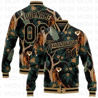 Custom Black-Old Gold Varsity Bomber Jacket | 3D Tiger & Peacock Design Full-Snap Letterman Coat