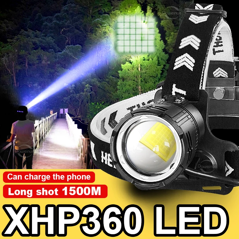 

8000LM LED Headlamp 18650 XHP360 High Power Rechargeable Headlight Powerful Head Flashlights Fishing Camping Head LED Light