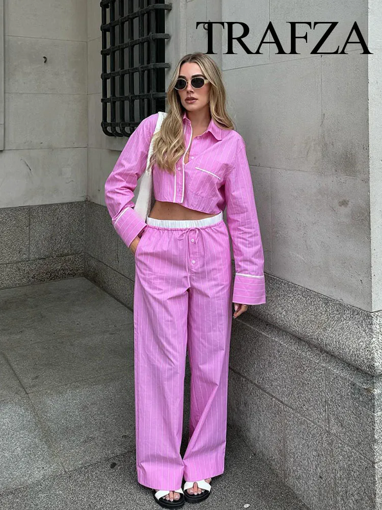 

Женский комплект из 2 предметов TRAFZA, полосатый топ на пуговицах с отворотом и карманами и элегантные свободные брюки с высокой талией и широкими штанинами, Traf