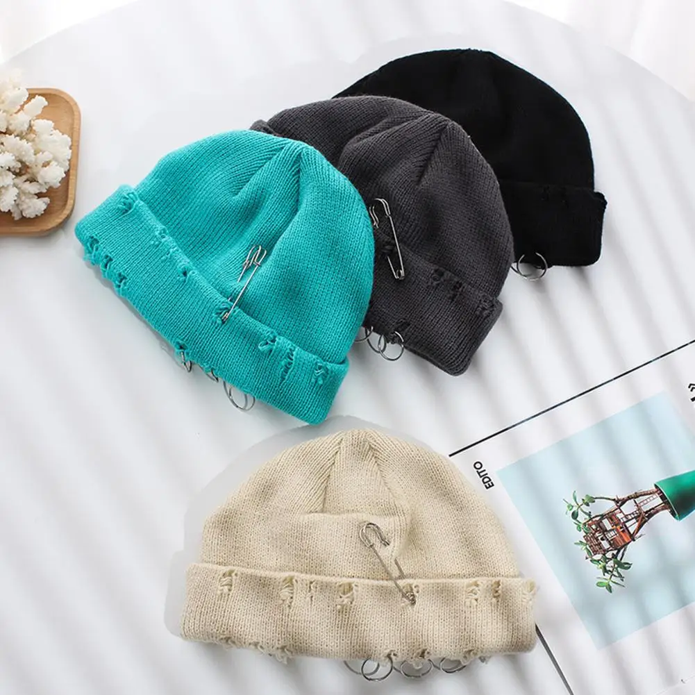 Knitted Hat Hip Hop Ripped Flanging Metal Ring Solid Color Warm Woolen Yarn Autumn Winter Women Beanie Cap Knitting Skull Cap