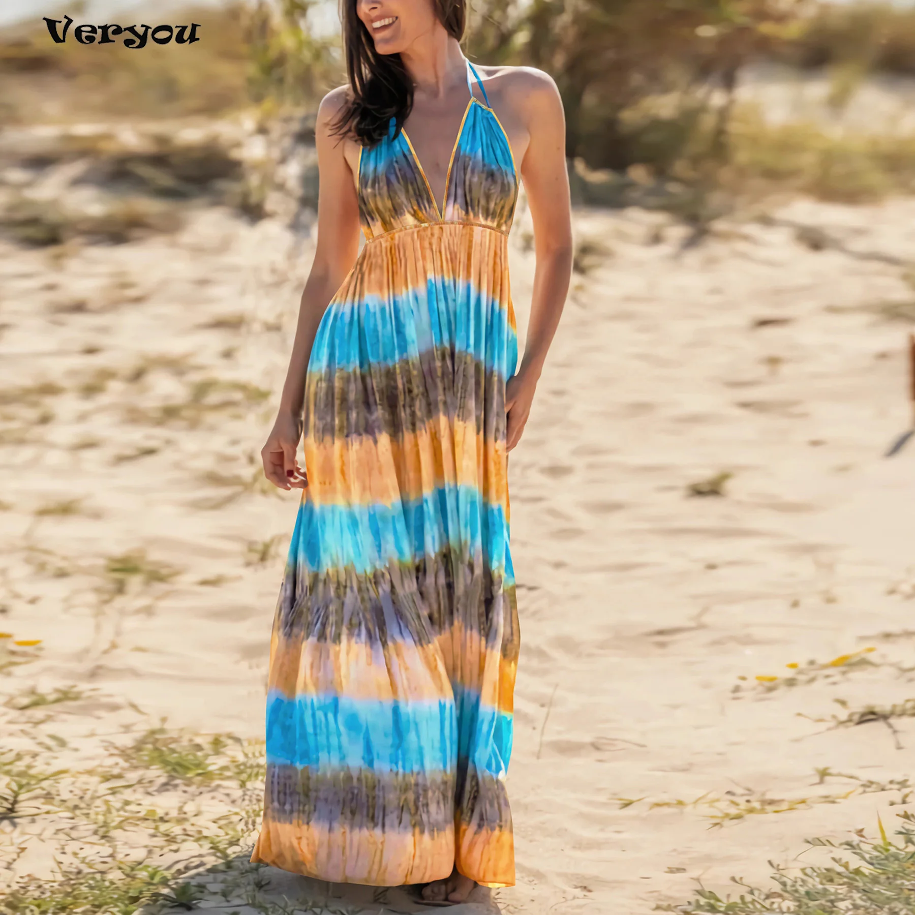 

Summer Beach Holiday Dress Women Sexy V Neck Sleeveless Patchwork Color Casual Long Dresses For Women Party Robe