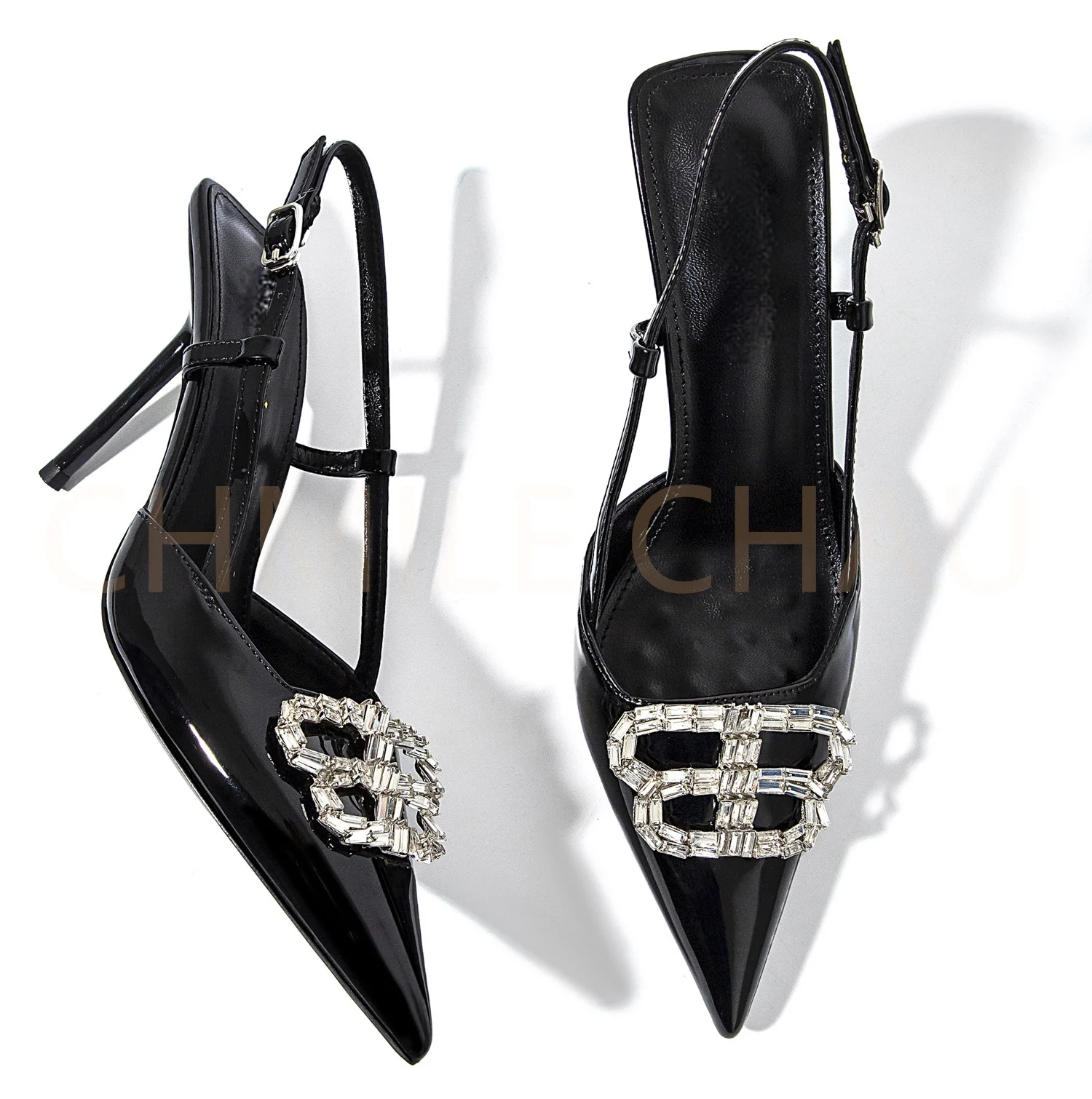 SL CRYSTAL BUCKLE HIGH HEELS BLACK CALFSKIN
