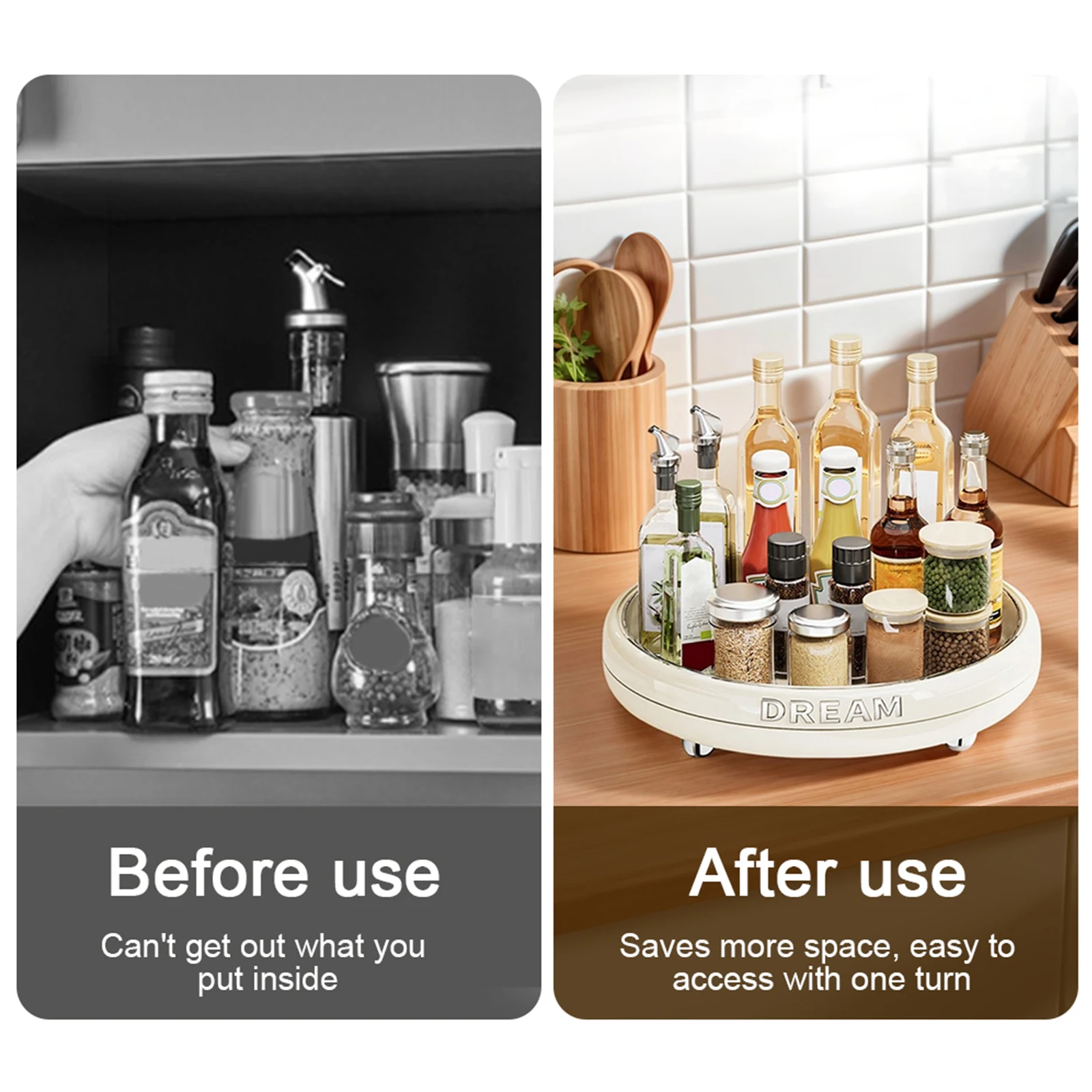 Rotating Kitchen Storage Tray Waterproof Multi-Functional Spice Rack Anti-Slip for Countertops Cabinets & Pantry Organization