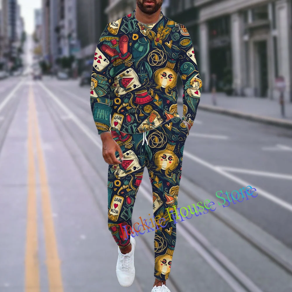 2023 Fashion Men Tshirt Suit Tracksuit Poker 3D Printed Sportswear Short Sleeve T-shirt+Long Pants 2 Piece Set Male Clothes