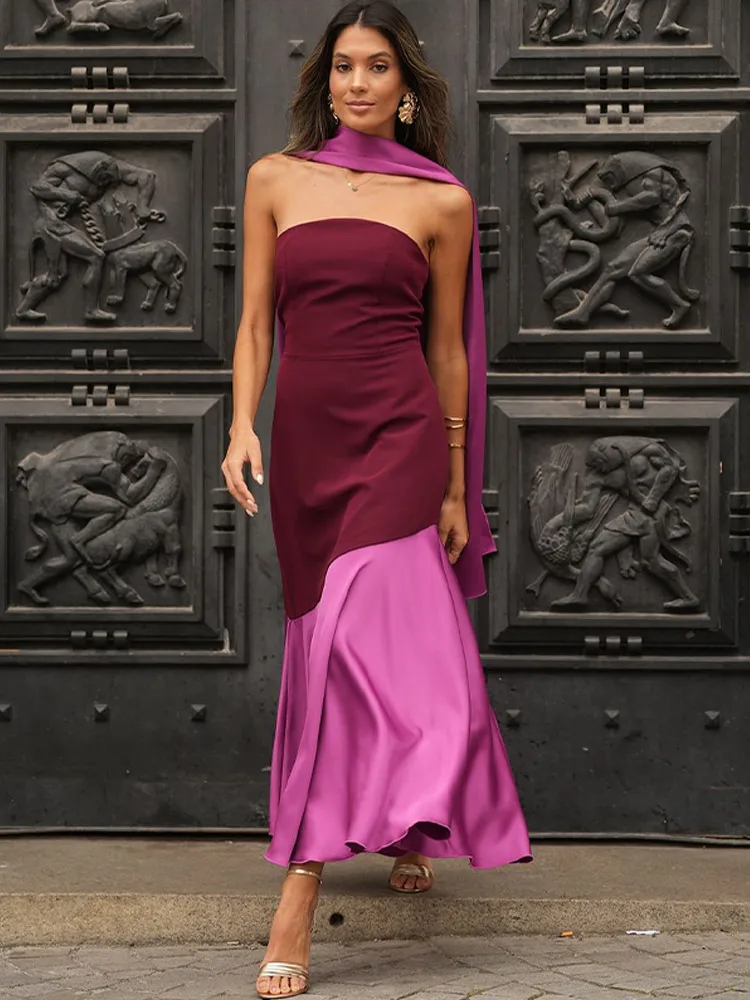 Fashion Satin Spliced Scarf Collar Skinny Long Dress Women Elegant Backless Sleeveless Strapless Vestido Chic Lady Evening Gowns 4